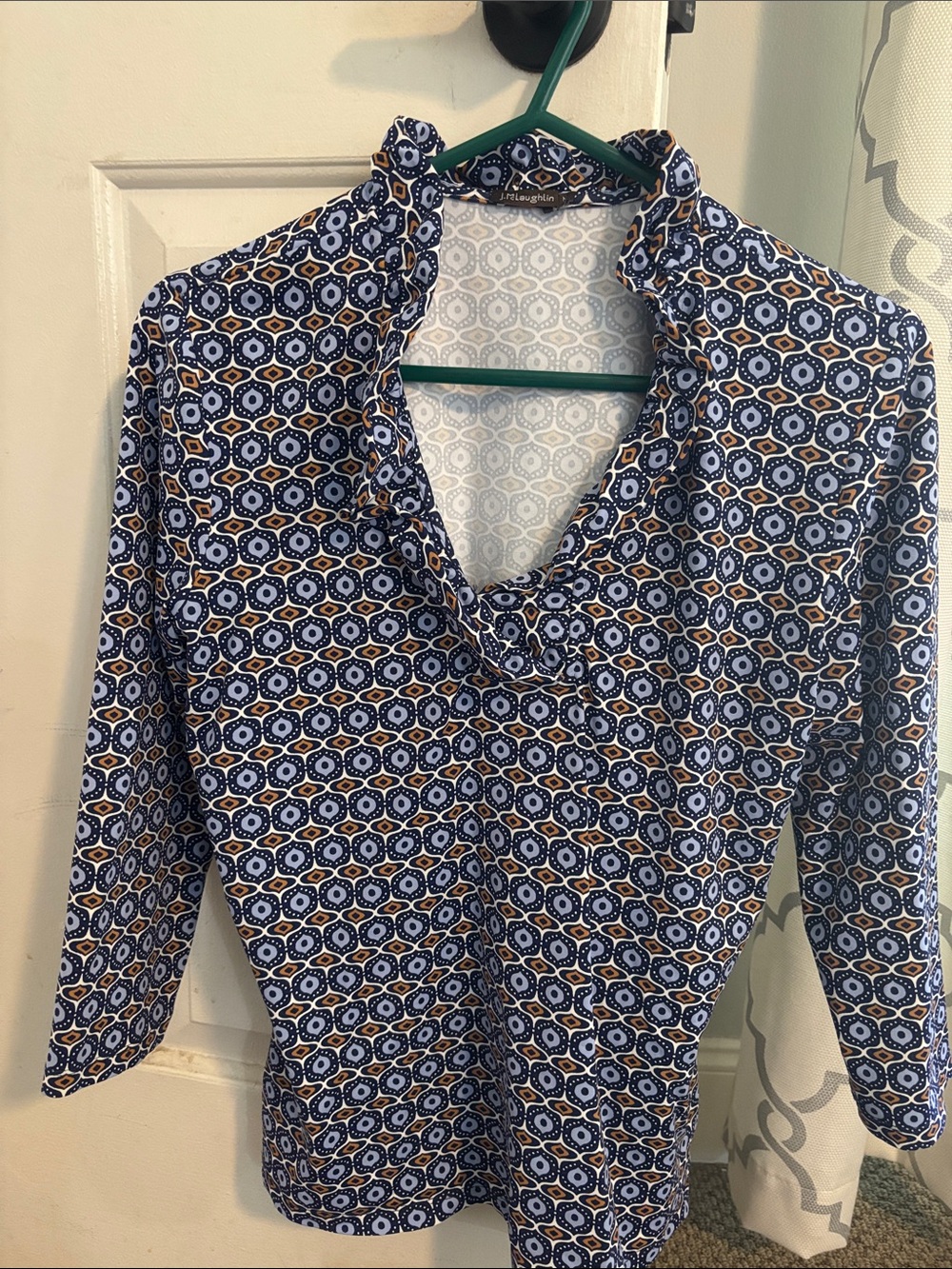 J. McLaughlin Navy and White Geometric V-Neck Tunic